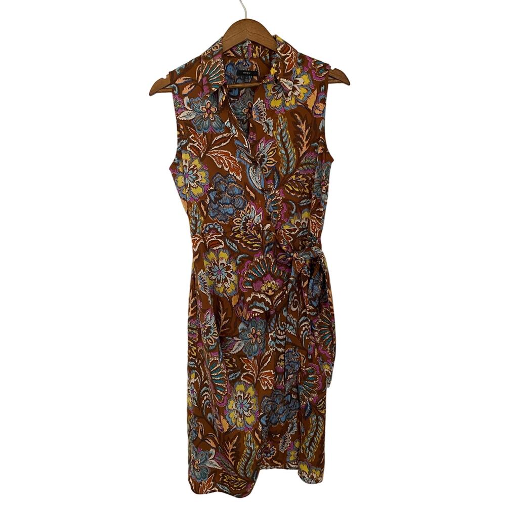 Drew Brown Paisley Floral Collared Wrap Dress Purple Yellow Mini Career Small